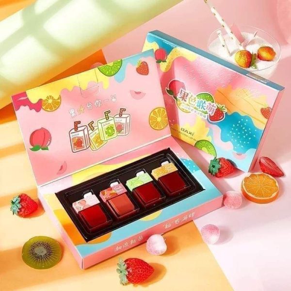 BAXI 4 Pcs/set eyeshado Original Moisturizer Lip Gloss Kit Long Lasting Lips Make Up Gift for Girls Red Liptint Glitter Creations