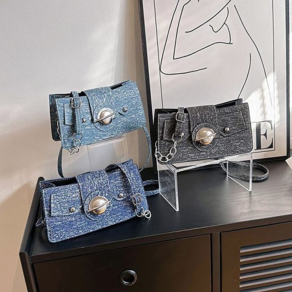 Denim Women Jean Retro Rivet Unisex Metal Buckle Chain Flap Crossbody Bags Handbags Letter Shoulder Shopper Lady Purse